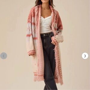 Boho Fringe Open Front Cardigan - Blush Pink & Cream